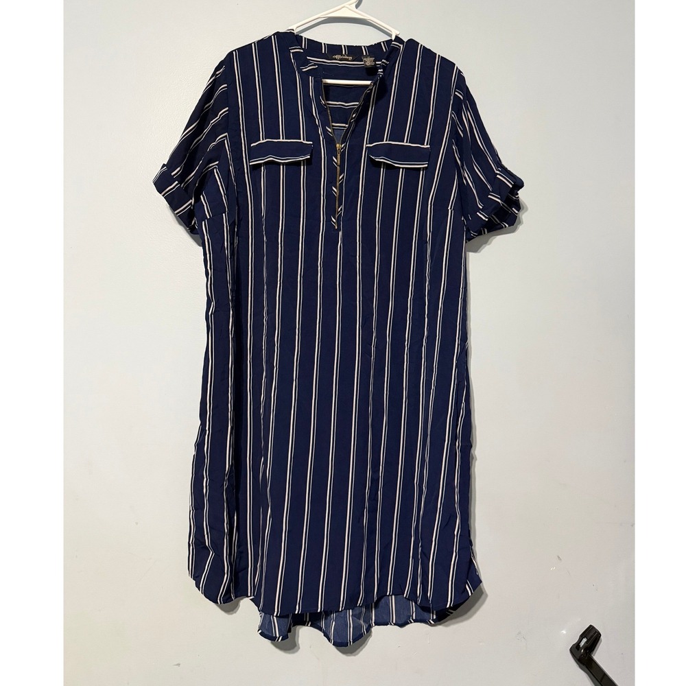 Millenium 1X Navy Blue White Striped Zip Front Shirt Dress Short Sleeve High Low